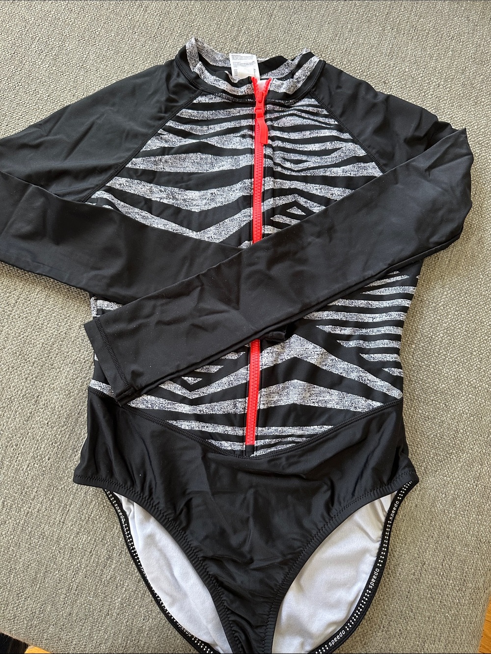 Ape Black & Gray Zebra Rash Guard Swimsuit with Red Zip